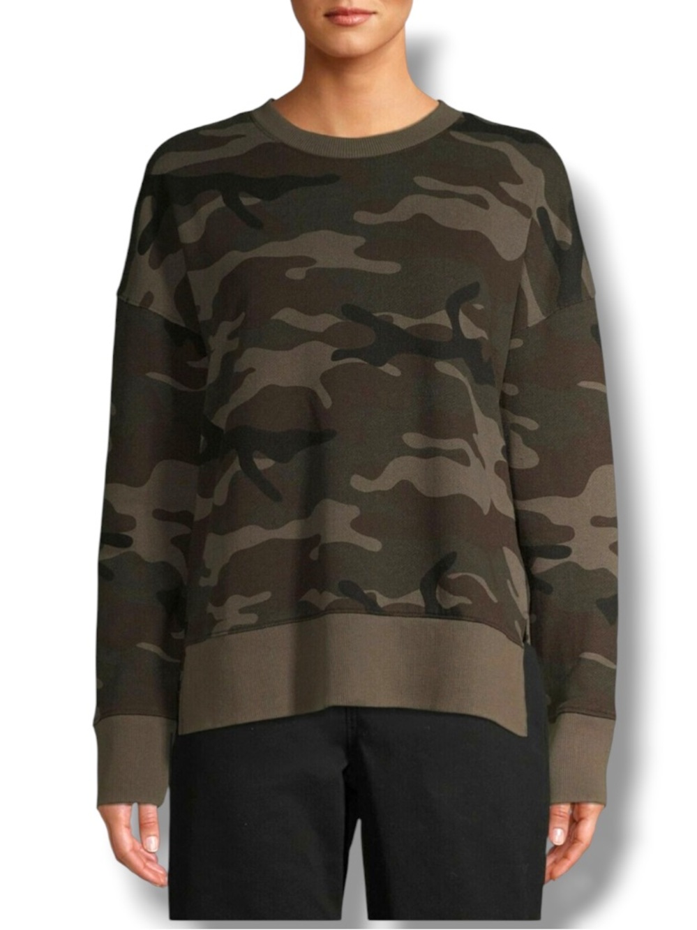 Time and Tru Women’s Camo Print Sweater Olive Green Army Crewneck Sweatshirt